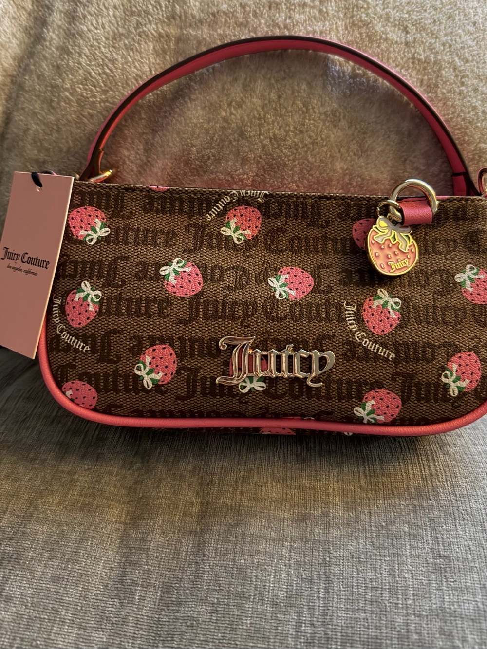 Juicy Couture Brown and Pink Strawberry Print Shoulder Bag. Y2K